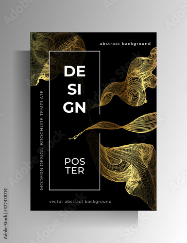 Cover design, poster. Golden graphic elements are manually drawn on a black background. Vector 10 EPS.