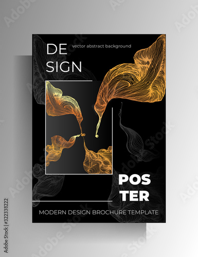 Cover design, poster. Golden graphic elements are manually drawn on a black background. Vector 10 EPS.