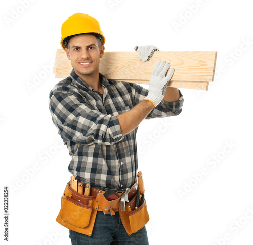 Bild auf Leinwand Handsome carpenter with wooden planks isolated on white