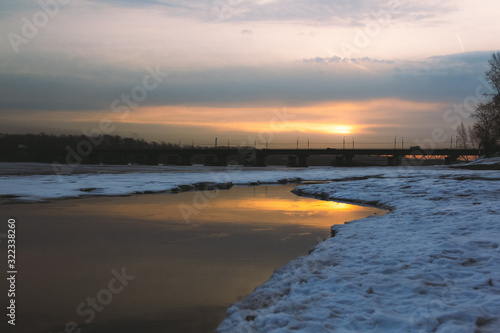 Morning landscape near the river and bridge © Александр Будов