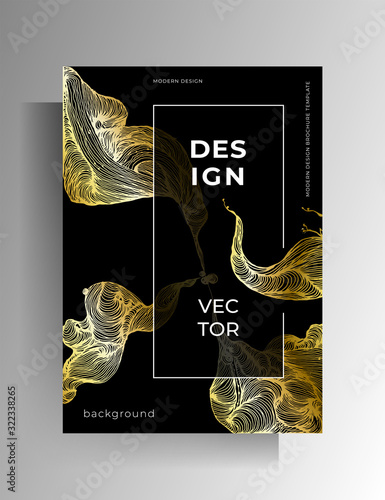 Cover design, poster. Golden graphic elements are manually drawn on a black background. Vector 10 EPS.