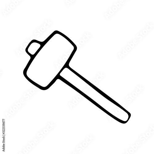 Hammer in doodle style. Isolated outline. Hand drawn vector illustration in black ink on white background.