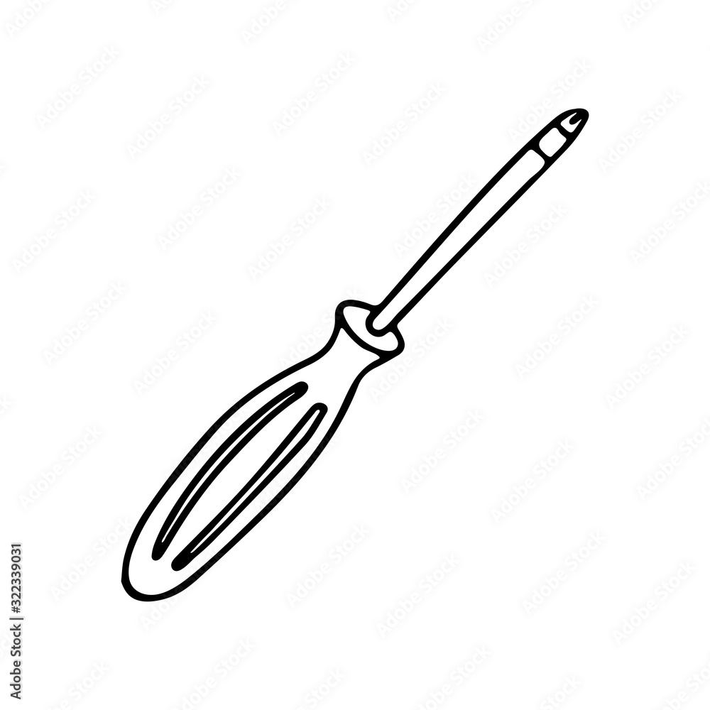 Phillips screwdriver in doodle style. Isolated outline. Hand drawn vector illustration in black ink on white background. Phillips screwdriver in doodle style. Isolated outline. Hand drawn vector illustration in black ink on white background.