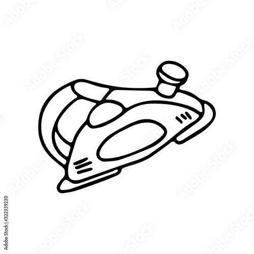Electric wood planer in doodle style. Isolated outline. Hand drawn vector illustration in black ink on white background.
