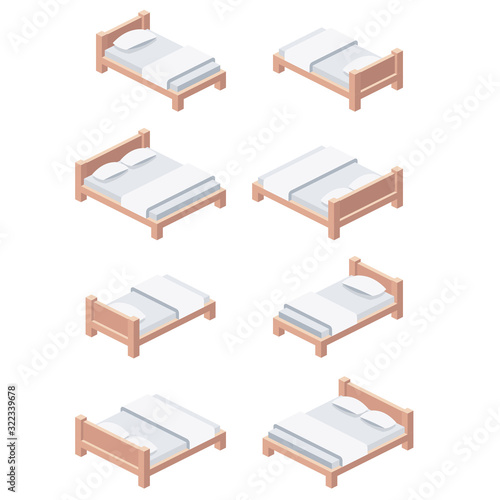 Single and double bed set. Vector 3d isometric, color web icon, new flat style. Creative illustration design, idea for infographics.
