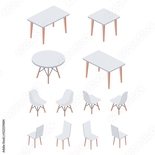 Set kitchen tables and chairs. Vector 3d isometric, color web icon, new flat style. Creative illustration design, idea for infographics.
