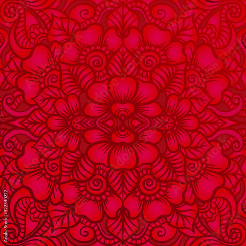 Eastern ethnic motif  traditional indian henna ornament. Seamless pattern  background in red colors. Vector illustration.