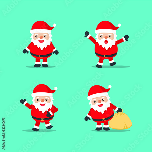 Santa Claus Vector illustrations. Funny happy with gift, bag with presents, waving and greeting. suitable For Christmas cards, banners, tags, labels etc.