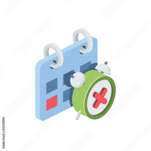 Alarm clock delete cross mark calendar. Vector 3d isometric, color web icon, new flat style. Creative illustration design, idea for infographics.
