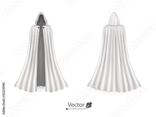 Vector realistic set of white cloaks with hoods. Carnival clothes, fancy dress, masquerade costume for superhero, vampire. Mockup.