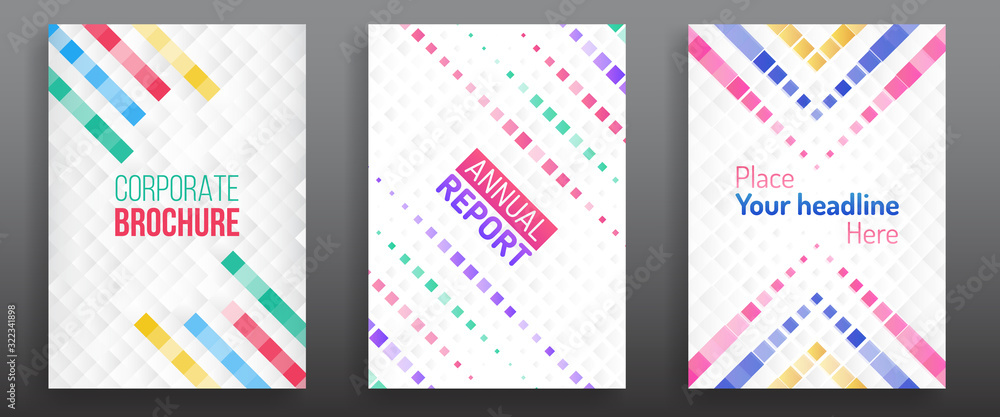 Minimal cover design with colorful square pixel mosaic. Creative and inspirational brochure design template. Modern vector geometric illustration.