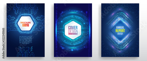 Technology modern brochure templates. Science and innovation hi-tech background. Flyer design of tech elements. Futuristic business cover layout.