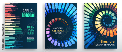 Minimal covers design with lines, spirals, shapes. Tech futuristic brochure. Abstract technology template. Vector geometric illustration.
