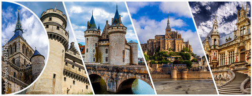 Castles of France collage. Mont Saint Michele,  Castle of Sully sur Loire and Benedictine palace in Fecamp. photo