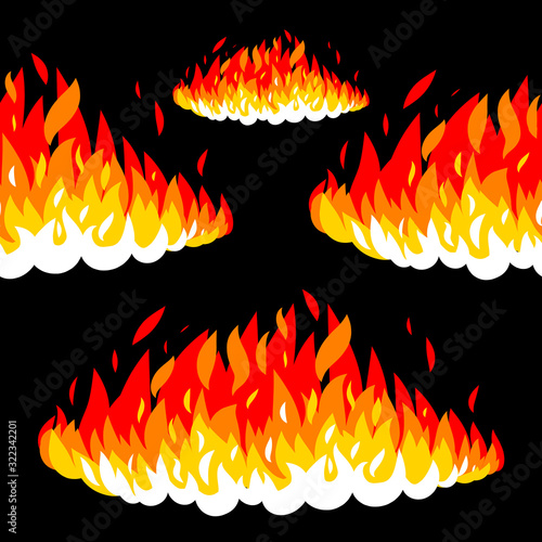 Fire seamless pattern for multipurpose as tile, T-shirt, wallpaper and much more. Hand drawn brush graphic design. Vector illustration on black background.