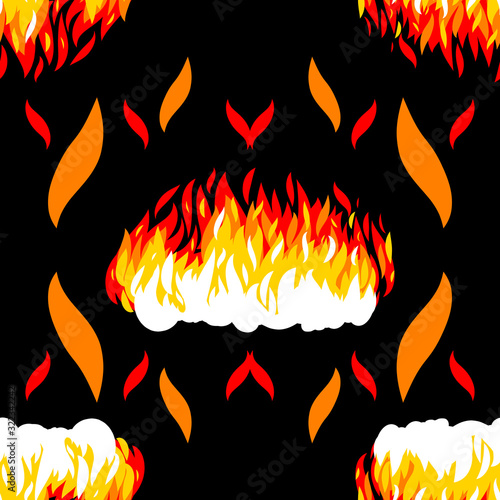 Fire seamless pattern for multipurpose as tile, T-shirt, wallpaper and much more. Hand drawn brush graphic design. Vector illustration on black background.