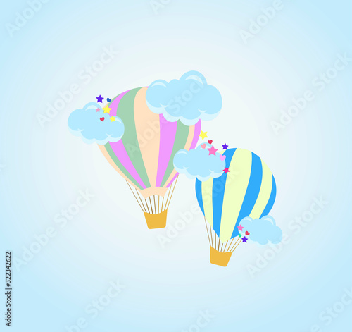 two beautiful balloons with clouds on a blue gradient background with stars and hearts - children`s cartoon vector illustration - baby shower 
