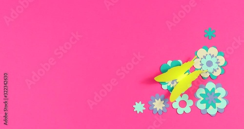 Stop machines animation paper. Colored butterflies fly around on a colored paper background.