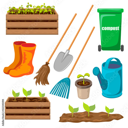 vector garden tools set isolated on white background. gardening icon for Spring or summer design. realistic cartoon style. shovel, rake, watering can, compost container for seasonal work in garden.
