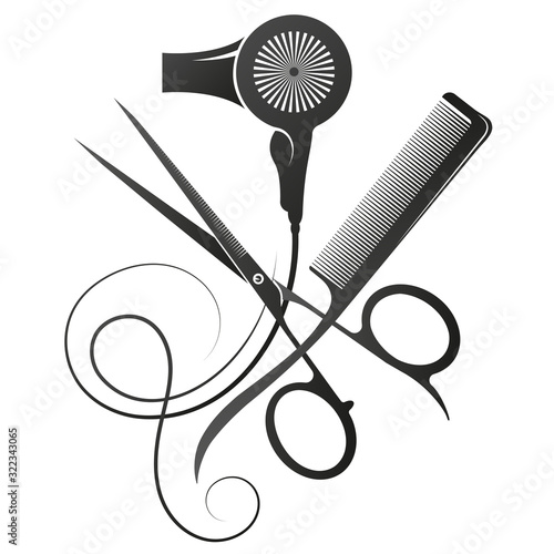 Scissors and comb stylist hair dryer symbol of a beauty salon and hairdresser