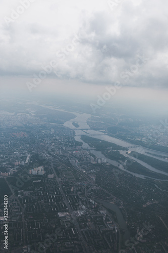 Kiev city with airplane window, Ukraine