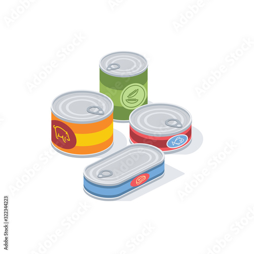 Canned food, sprats, stew, fish, peas. Vector 3d isometric, color web icon, new flat style. Creative illustration design, idea for infographics.