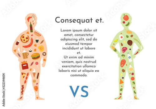 Fat and slender man vector illustration. Healthy food vs fastfood. Healthy and unhealthy nutrition. Human body and junk food vs balanced menu.