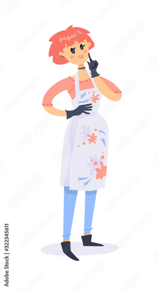 Cartoon style character. Vector illustration woman in apron and latex gloves. Hand drawn happy housewife Cartoon style character. Vector illustration woman in apron and latex gloves. Hand drawn happy housewife