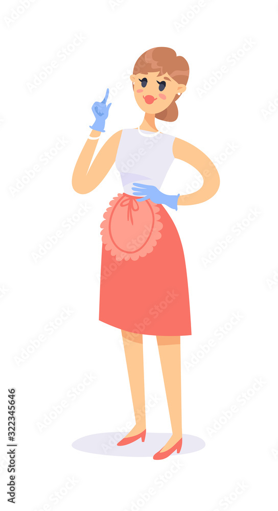 Cartoon style character. Vector illustration woman in apron and latex gloves. Hand drawn happy housewife Cartoon style character. Vector illustration woman in apron and latex gloves. Hand drawn happy housewife