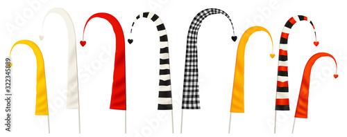 Traditional Balinese ceremonial yellow, red and striped curved flags, vector illustration set isolated on white background