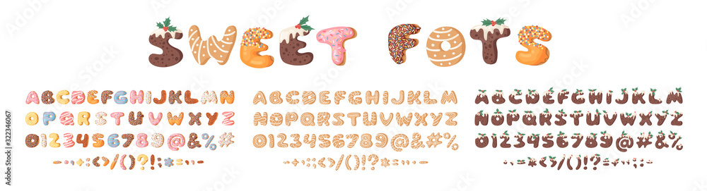 Fototapeta premium Three cartoon vector illustrations donuts, Christmas Dudding and Gingerbread Cookies. Hand drawn font with sweets. Actual Creative art bake alphabet