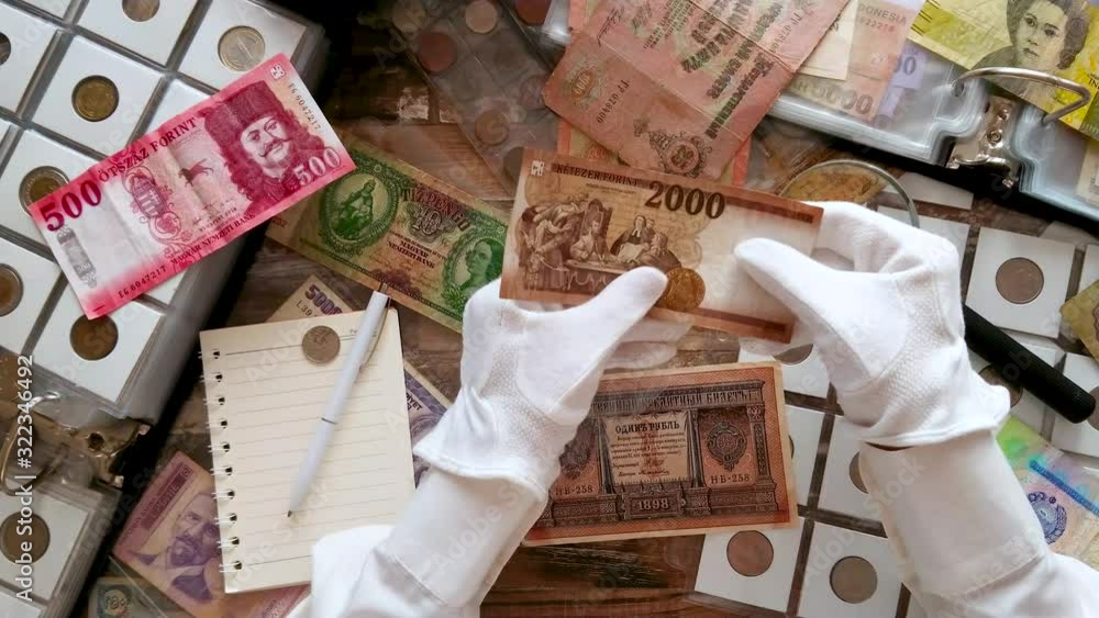 Background from different collector coins and banknotes with a