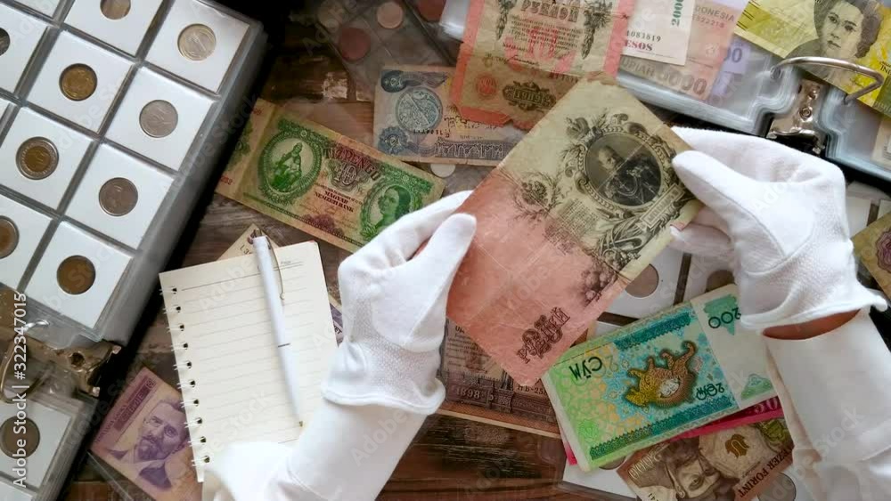 Background from different collector coins and banknotes with a