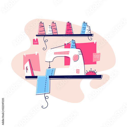 Workplace of seamstress, desktop, textile, sewing machine, iron, threads. Concept design. Vector illustration on white background.