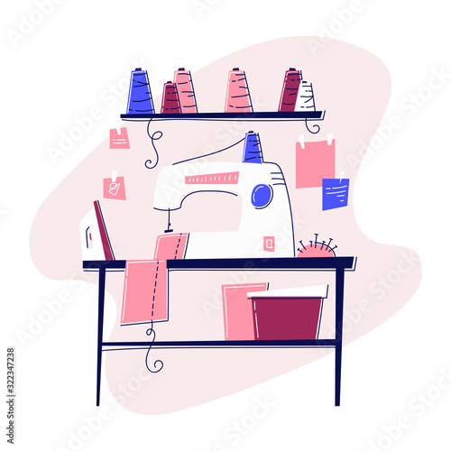 Vector background of tailor room, handicraft or needlework area with. Mess in studio of a seamstress. Sewing machine, tools and furniture. Dressmaker place, designer of clothes.