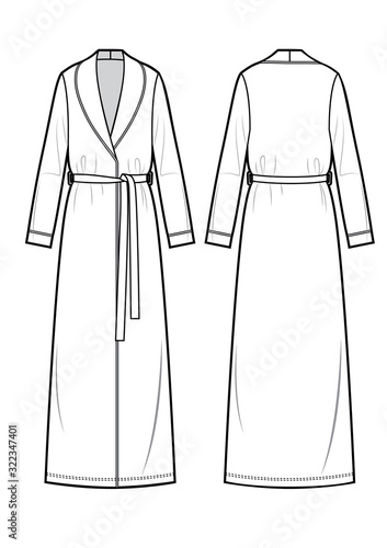 White bathrobe for women. Vector. Front and back.