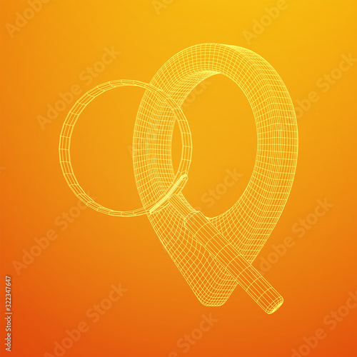 Location pin geo mark icon for travel with magnifying glass. Search path navigator concept. Wireframe low poly mesh vector illustration