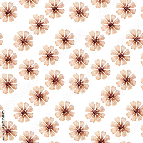 Bogo flowers seamless pattern, Watercolor chamomile on white background. Beautiful fabric print. cartoon illustration