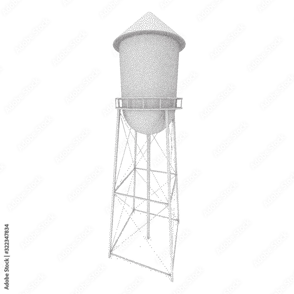 Water tower. Industrial construction with water tank. Dotwork Frame. Halftone Style Monochrome Gradient Illustration.