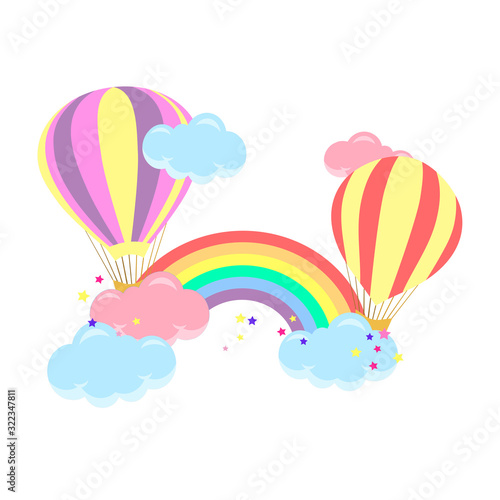 Beautiful childish illustration wind - rainbow with clouds and balloons. Cute baby shower card 