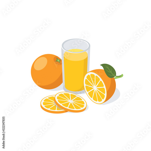 Orange juice glass, compote citrus. Vector 3d isometric, color web icon, new flat style. Creative illustration design, idea for infographics.