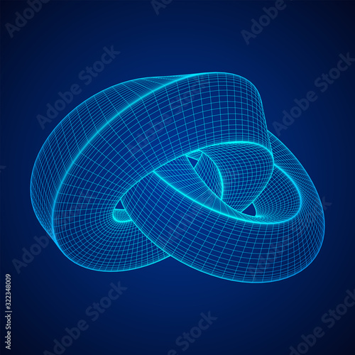 Mobius strip ring knot sacred geometry. Spatial figure with upturned surfaces. Optical illusion with dual circular contour. Wireframe low poly mesh vector illustration.