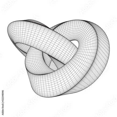 Mobius strip ring knot sacred geometry. Spatial figure with upturned surfaces. Optical illusion with dual circular contour. Wireframe low poly mesh vector illustration.