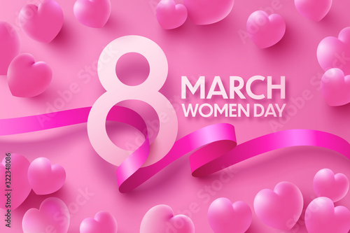 8 march women's day Poster or banner with sweet hearts and ribbon on pink background.Promotion and shopping template or background for Love and women's day concept