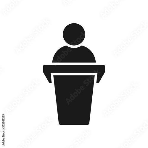 Lecturer or public speaker black vector icon. Podium or tribune presentation, lecture glyph symbol.