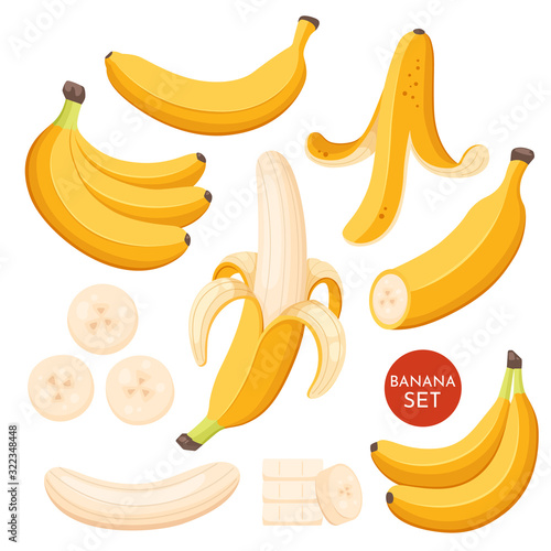 Set of cartoon illustration yellow bananas. Single, banana peel and bunches of fresh banana fruits.