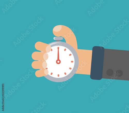 Man hand hold stopwatch. Time management concept vector flat illustration.