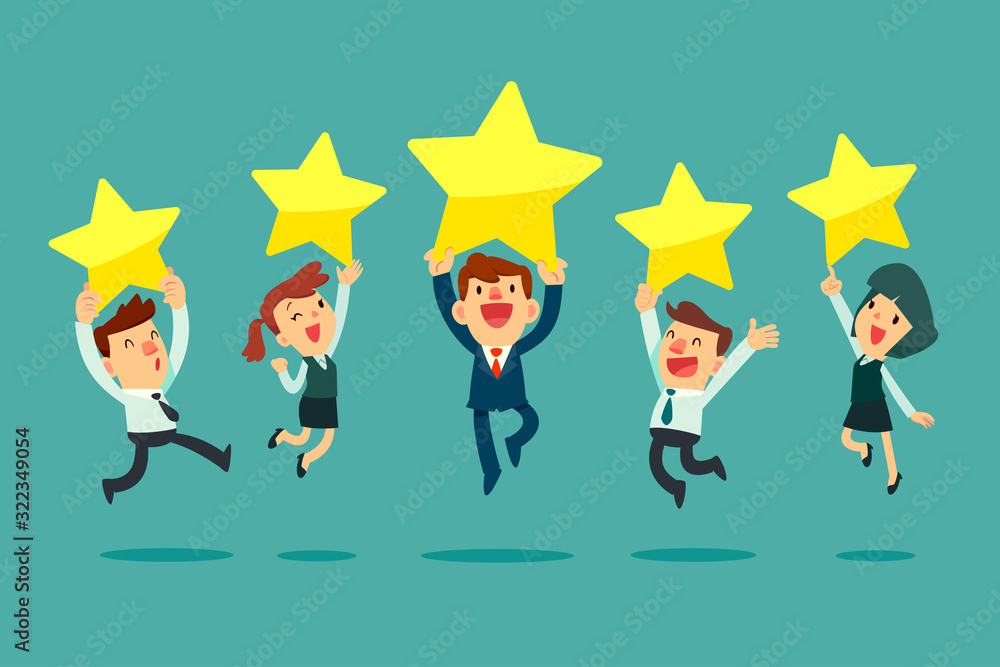 business people jumping and holding golden review stars