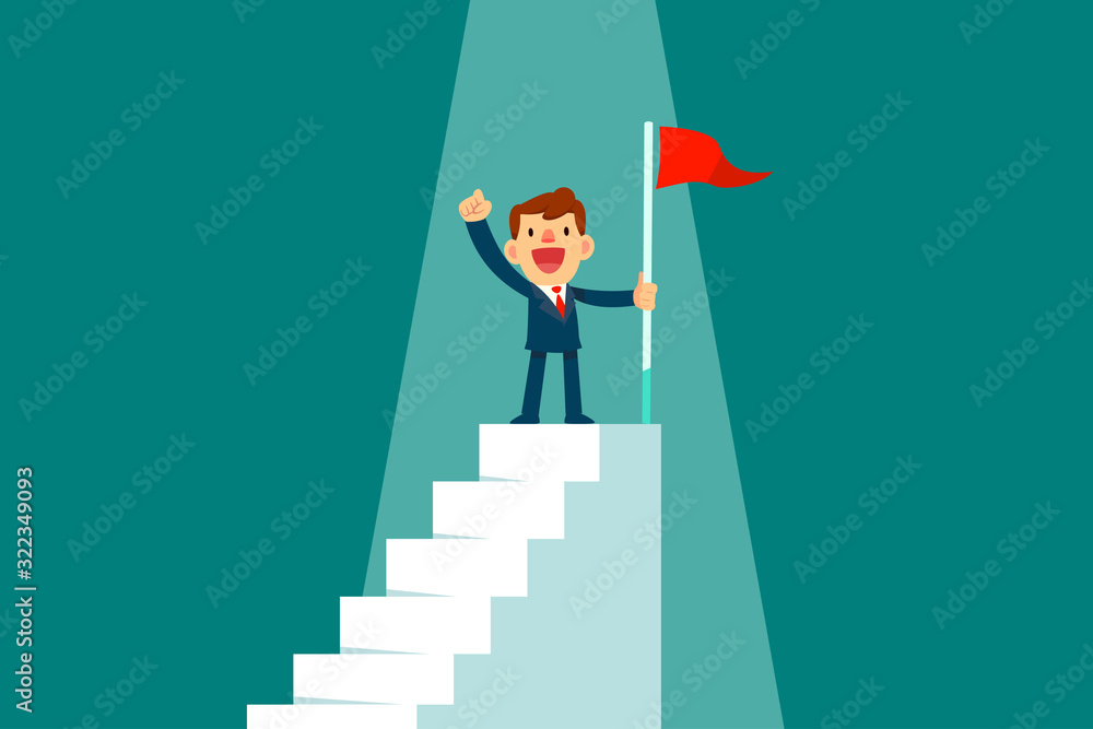 businessman holding flag on top of staircase businessman holding flag on top of staircase