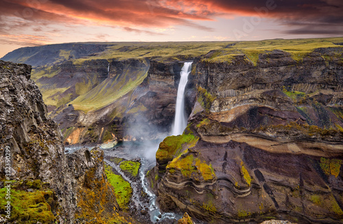 Panoramic view of Haifoss waterfall on the Fossa river near the volcano Hekla, one of the four highest waterfalls in the island with a height of 122 meters in Southwest Iceland, Scandinavia, Europe.